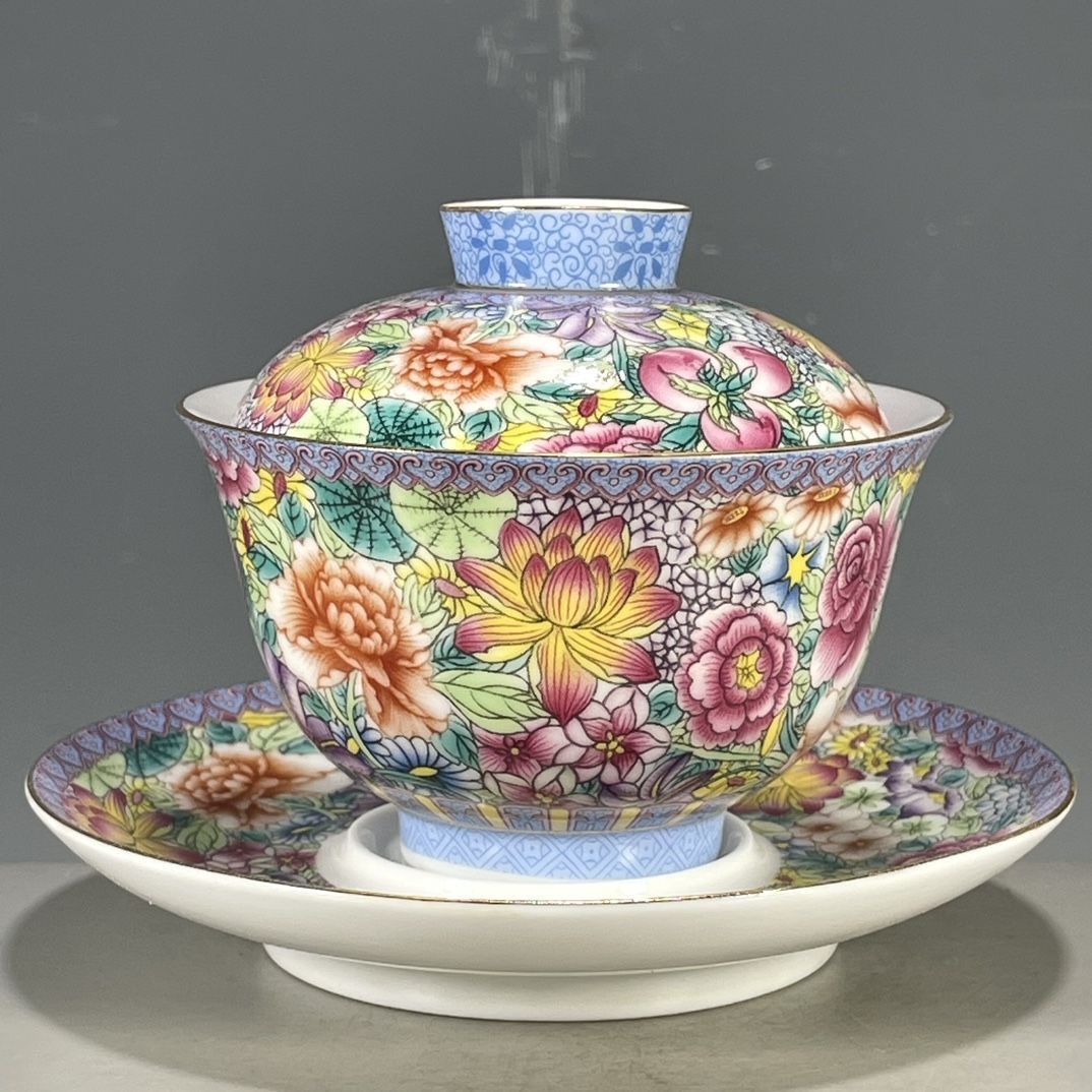 Vintage Collectible Pottery - 中国のヴィンテージ古窯ファランカイ3ピース茶器ガイワン手描き花柄オリエンタル文玩コレクション品
