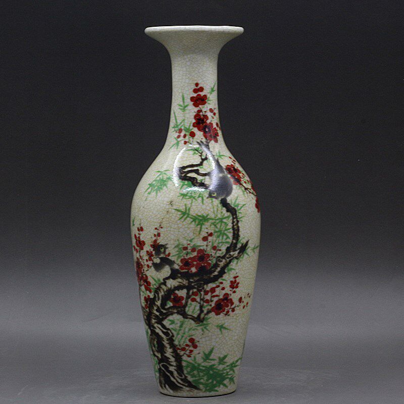 Vintage Collectible Pottery - 景徳鎮アンティーク陶磁器花瓶 梅の花と柳の葉模様の瓶 ヴィンテージ古物コレクション 家の装飾品