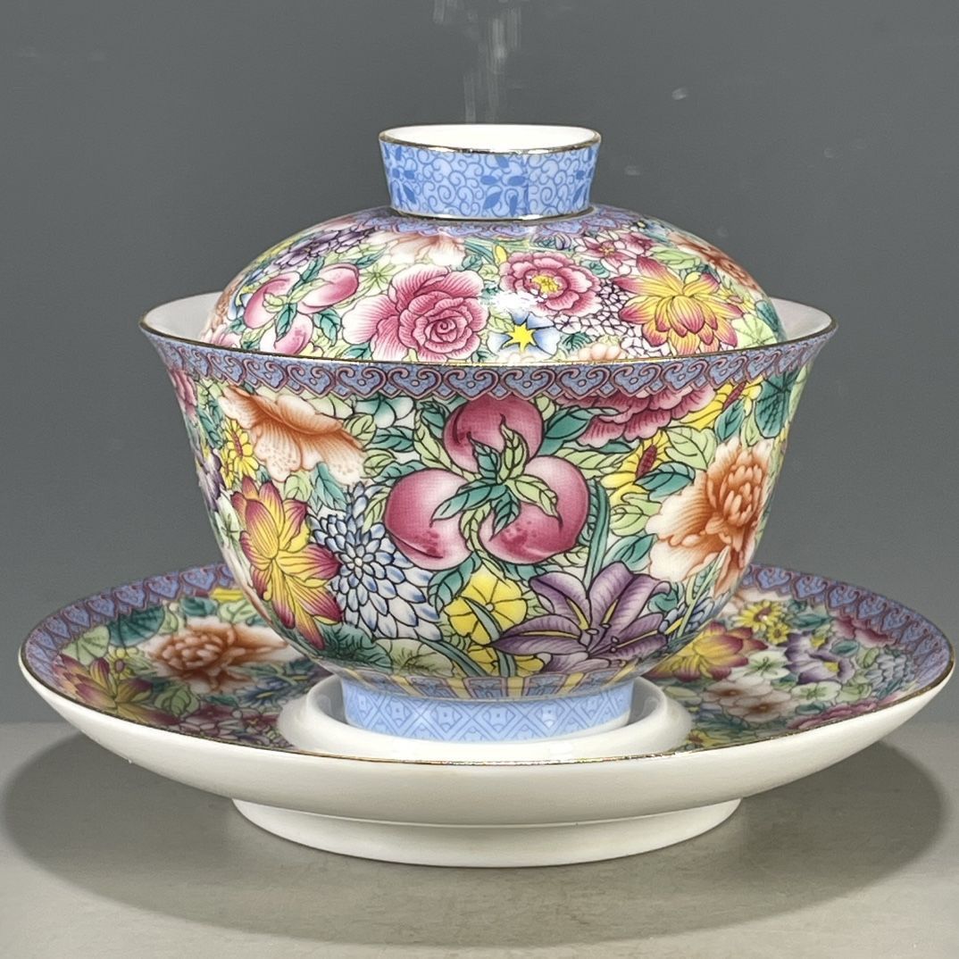 Vintage Collectible Pottery - 中国のヴィンテージ古窯ファランカイ3ピースガイワン手描き花柄オリエンタル文玩コレクション品