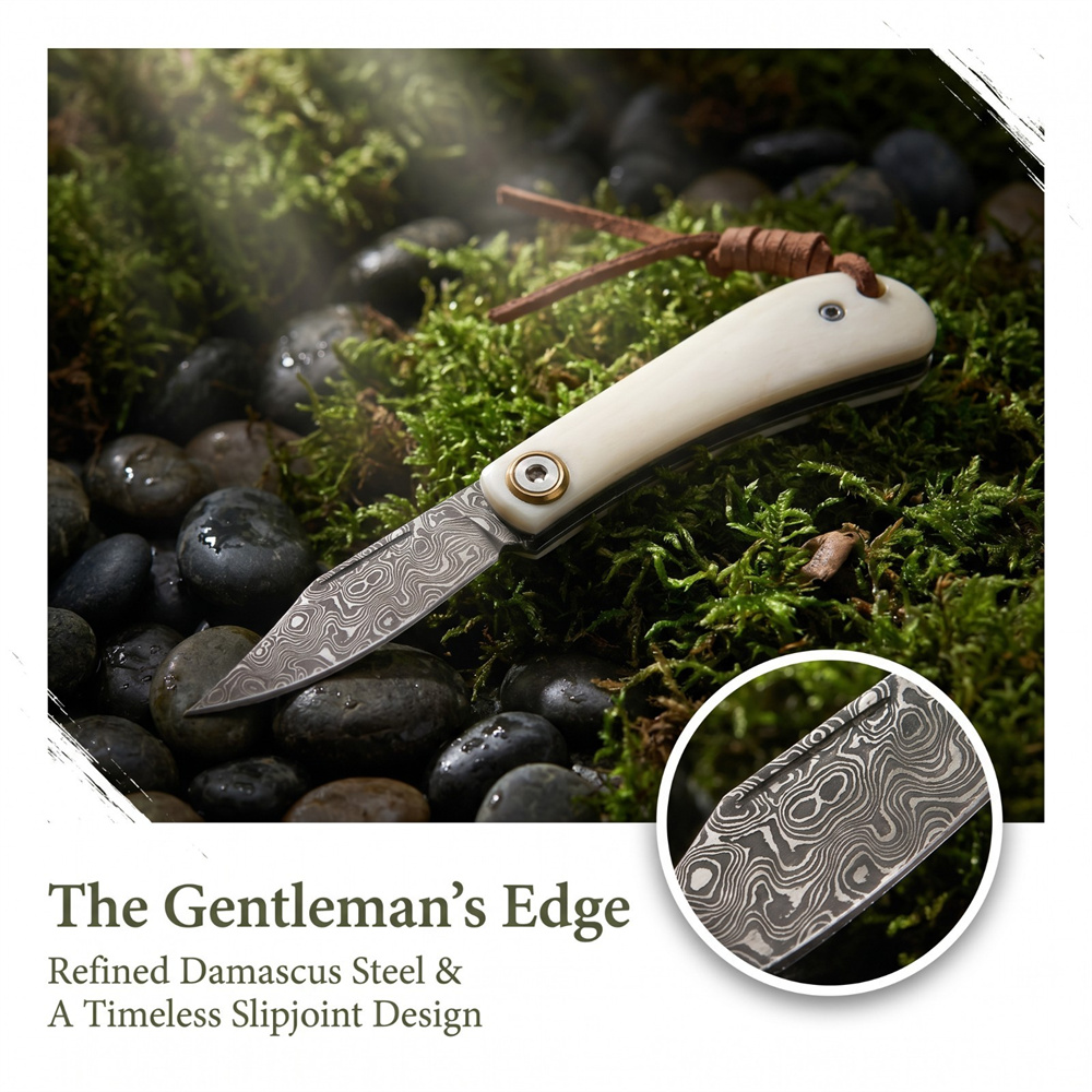 Vintage Collectible Knives - ヴィンテージダマスカス折りたたみ式EDCポケットナイフ、アイボリーボーンハンドル、コンパクトサバイバルキャンプナイフ、アウトドアハンティングコレクションギフト