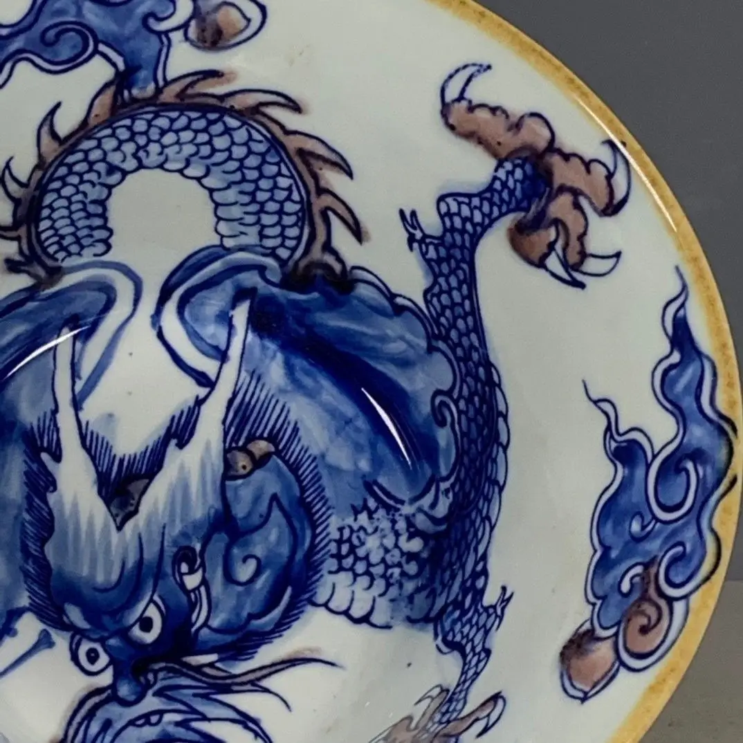 清康熙スタイルの青と銅色の赤い磁器のボウル、手描きの龍のモチ - Vintage Collectible Pottery のレビューと価格