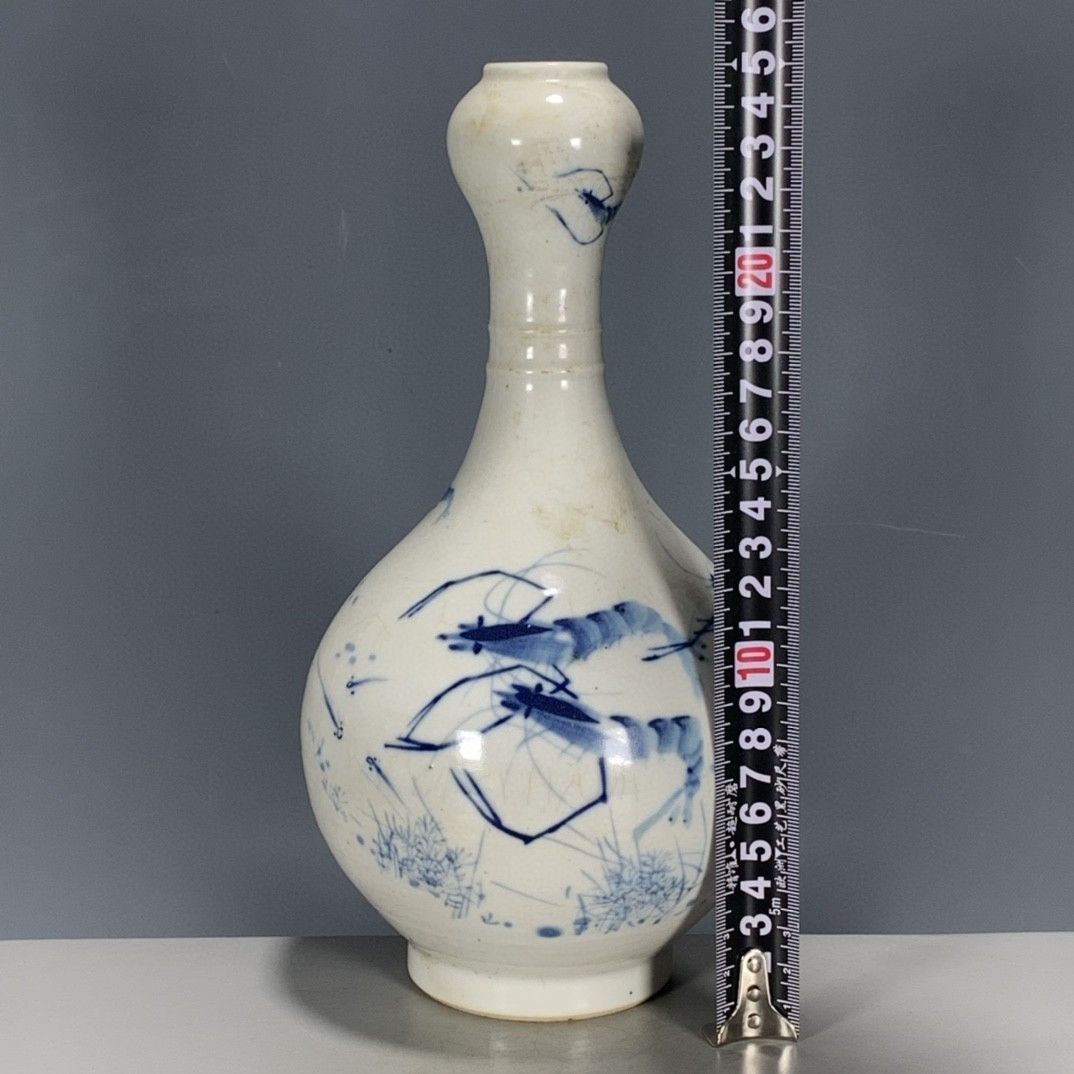 紅仙王朝風下絵付け青白ニンニク頭型花瓶手描きエビ柄ヴィンテー - Vintage Collectible Pottery のレビューと価格