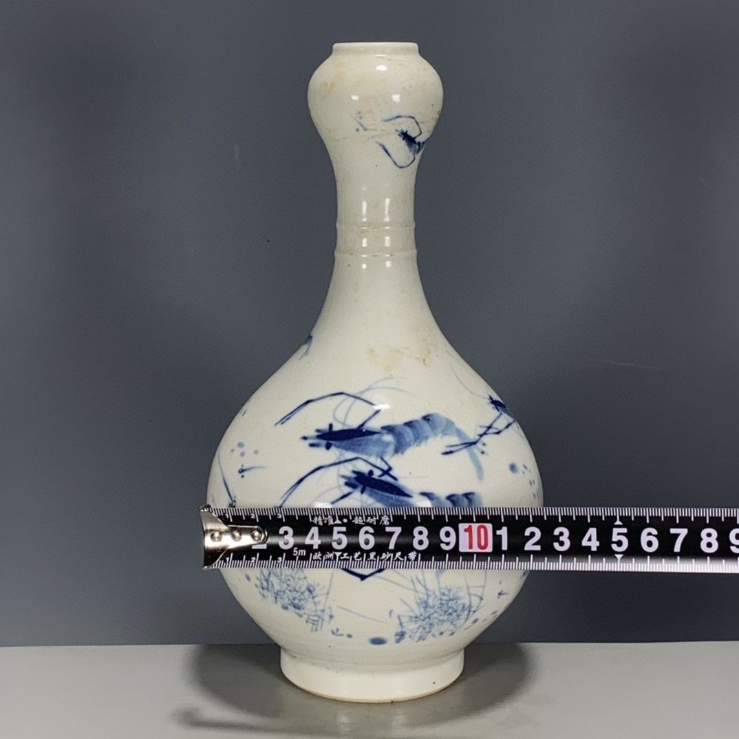 紅仙王朝風下絵付け青白ニンニク頭型花瓶手描きエビ柄ヴィンテー - Vintage Collectible Pottery のレビューと価格