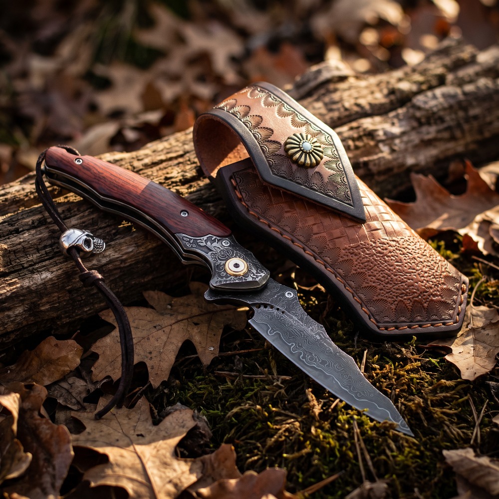 ヴィンテージ彫刻入り折りたたみナイフ、ダマスカス模様の刃、無 - Vintage Collectible Knives のレビューと価格